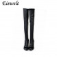 2016 Fashion PU Leather Over Knee Boots Women Sequined Toe Elastic Stretch Thick Heel Thigh High Riding Boots  #HDS19432715744527