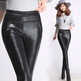 2016 Winter warm women faux leather pants & capris PU botton Snakeskin elastic high waist stretch Plus size  pencil pants female
