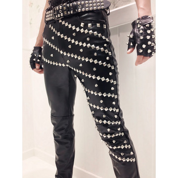 2017 new fashion tight-fitting slim rivets black leather men pants hip-hop skinny male trousers dj singer ds dancer costumes32564948740