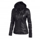 Detachable Hat Fur Lining Two Real Chest Pockets and One Inside Women Black Thick PU Faux Leather Hooded Jackets and Coats Slim 