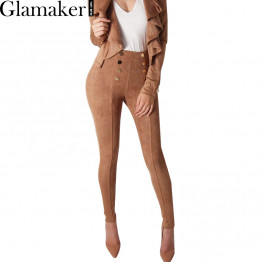 Glamaker Button suede leather women pants & capris Skinny stretch casual high waist pants Spring bodycon slim trousers