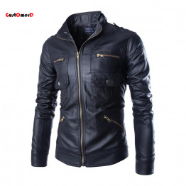 GustOmerD Fashion Brand 2017 Spring Leather Jacket Men Stand Collar Slim Fit Motorcycle Jacket Multi-pocket Mens Leather Jacket
