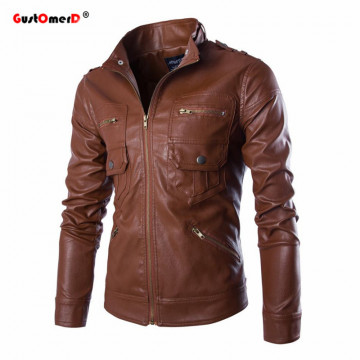 GustOmerD Fashion Brand 2017 Spring Leather Jacket Men Stand Collar Slim Fit Motorcycle Jacket Multi-pocket Mens Leather Jacket
