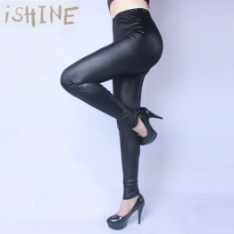 ISHINE High Waist Women PU Leather Pants Stretch Leggings Pencil skinny Black Sexy Ladies female Trousers Plus Size XL- 4XL 5XL 