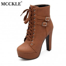 MCCKLE 2017 Spring Autumn Women Ankle Boots Female High Heels Lace Up Leather Shoes Woman Double Buckle Platform Fashion Shoes