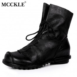 MCCKLE 2017 Women Fashion Vintage Genuine Leather Shoes Female Spring Autumn Platform Ankle Boots Woman Lace Up Casual Boots