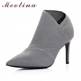 Meotina Ankle Boots Fashion Women Boots Genuine Leather+Microfiber Pointed Toe Stiletto High Heel Black Large Size 9 Sexy Shoes 