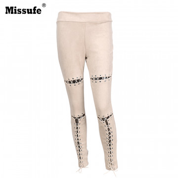 Missufe Lace Up Cut Out Suede Leather Pencil Pants 2017 Street Fashion Casual Outfit Women Trousers Sexy Bandage Legging Pants32760309425