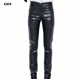 New Mens Elastic Faux Leather Pants PU Motorcycle Ridding Black Slim Fit Dance Party Trousers Biker Leather Pants For Male