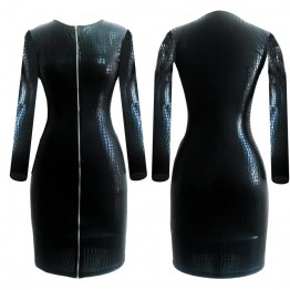 Plus Size Sexy Club Faux Leather Dress Women Clothes Black Snakeskin PVC Bandage Dress Zipper Bodycon Mini Fashion Dress XL 6XL