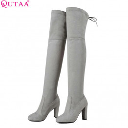 QUTAA 2017 Women Over The Knee Boots Sexy PU leather Square High Heel Women Shoes Winter Warm Motorcycle Boots Size 34-43