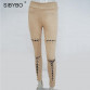 Sibybo Women Lace Up Suede Leather Pencil Pants 2017 High Waist Hollow Out Bodycon Sexy Club Party Hot Bandage Black Trousers32800339360