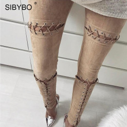 Sibybo Women Lace Up Suede Leather Pencil Pants 2017 High Waist Hollow Out Bodycon Sexy Club Party Hot Bandage Black Trousers