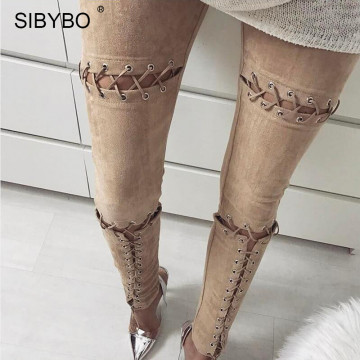 Sibybo Women Lace Up Suede Leather Pencil Pants 2017 High Waist Hollow Out Bodycon Sexy Club Party Hot Bandage Black Trousers32800339360