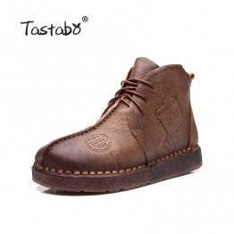 Tastabo HOT SALE Shoes Women Retro Boots Handmade Ankle Boots Flat Boots Real Genuine Leather Shoes Women Shoes Plus Size 42